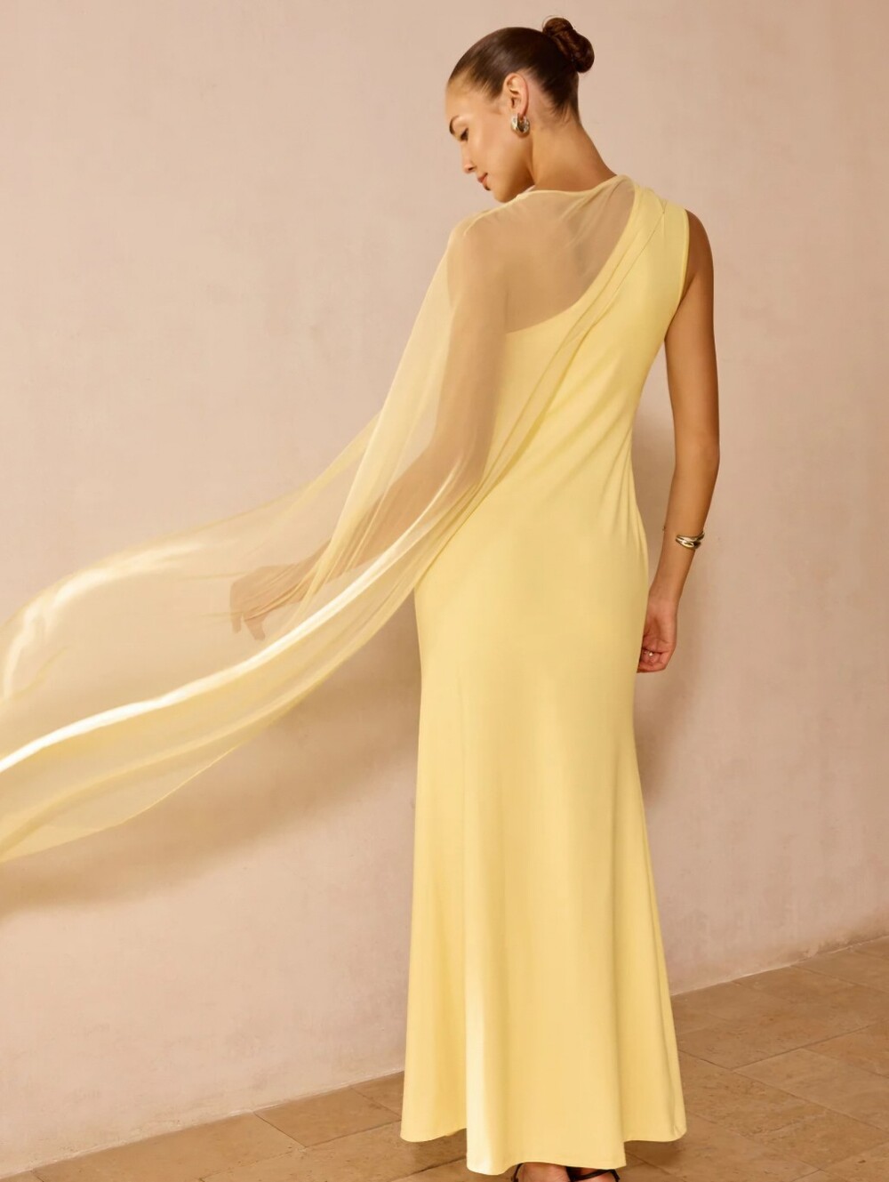 Commense Light Yellow Sheer Drape Slim Maxi Dress Size M - Picture 3 of 3